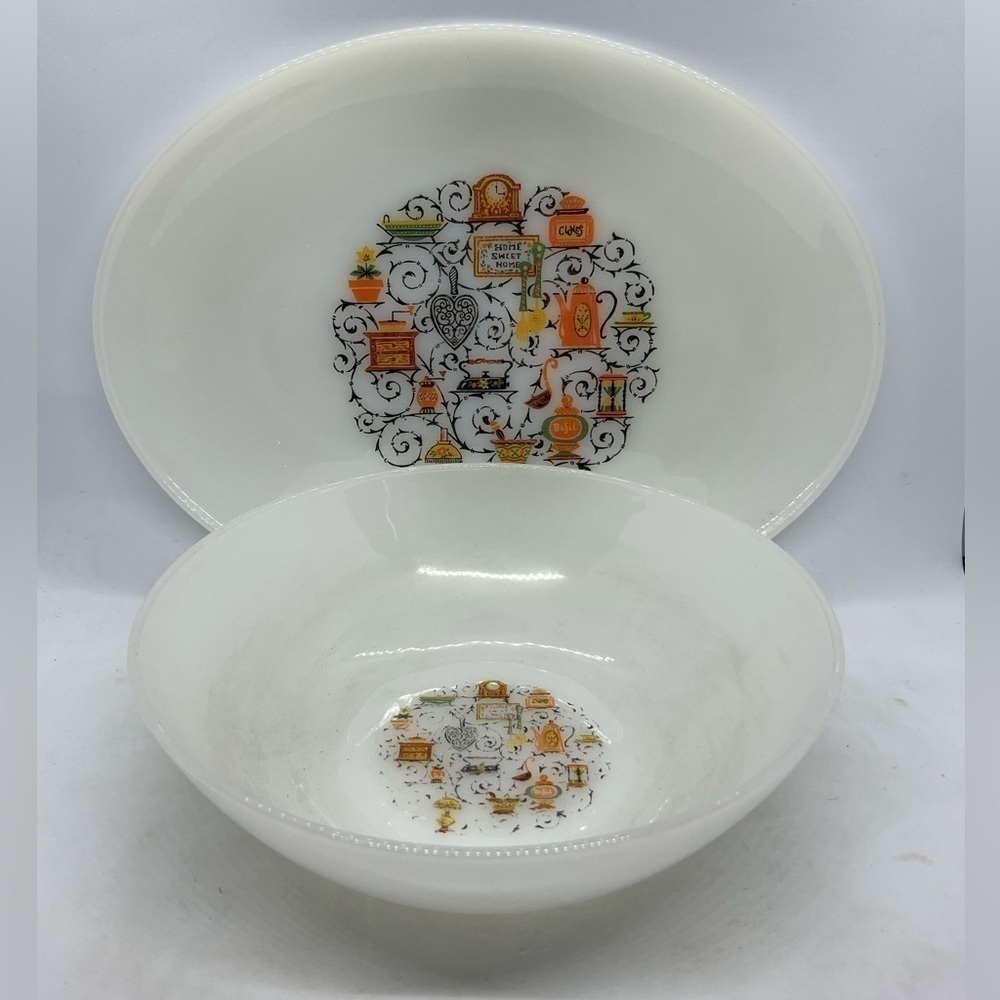 Vntg Anchor Hocking Homestead Home Sweet Home Serving Platter & Serving Bowl